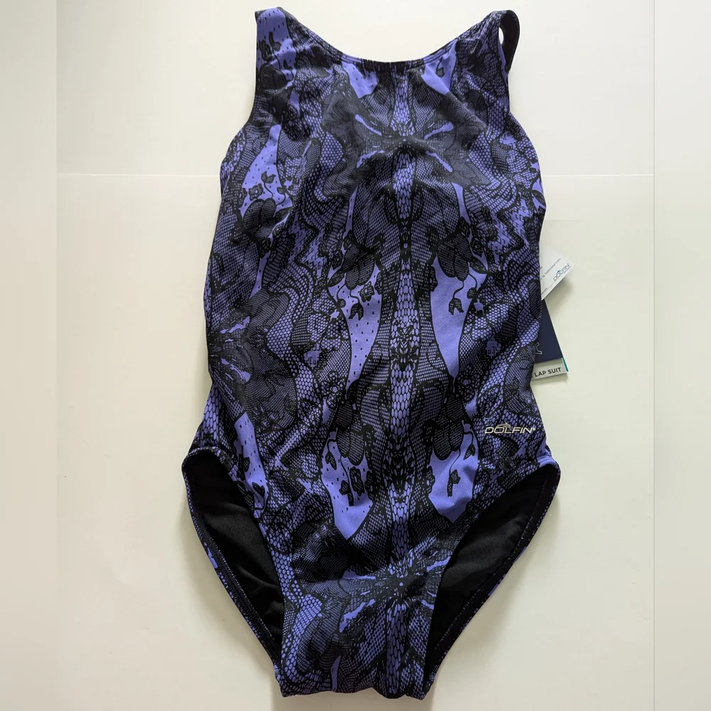 DOLFIN Women's Purple Lacey Round Neck One Piece Swimsuit, Size 8 - Picture 2 of 5